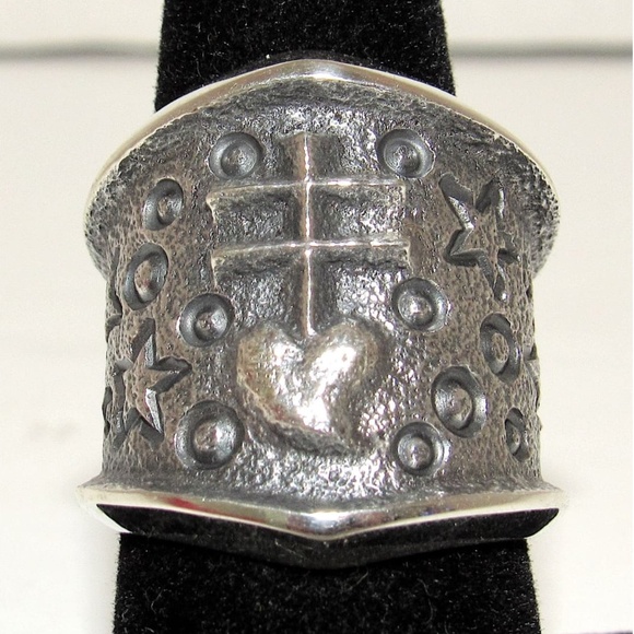 Navajo Kevin Yazzie Pueblo Cross Ring Size 8 Sand Cast Tufa Cast Sterling Silver
